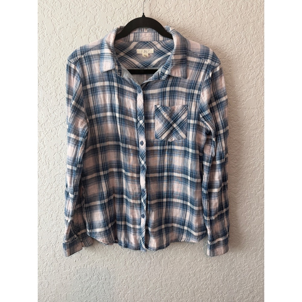 BLL New York‎ Plaid Button Up Shirt Small Blue Pink Cotton Flannel Soft Casual